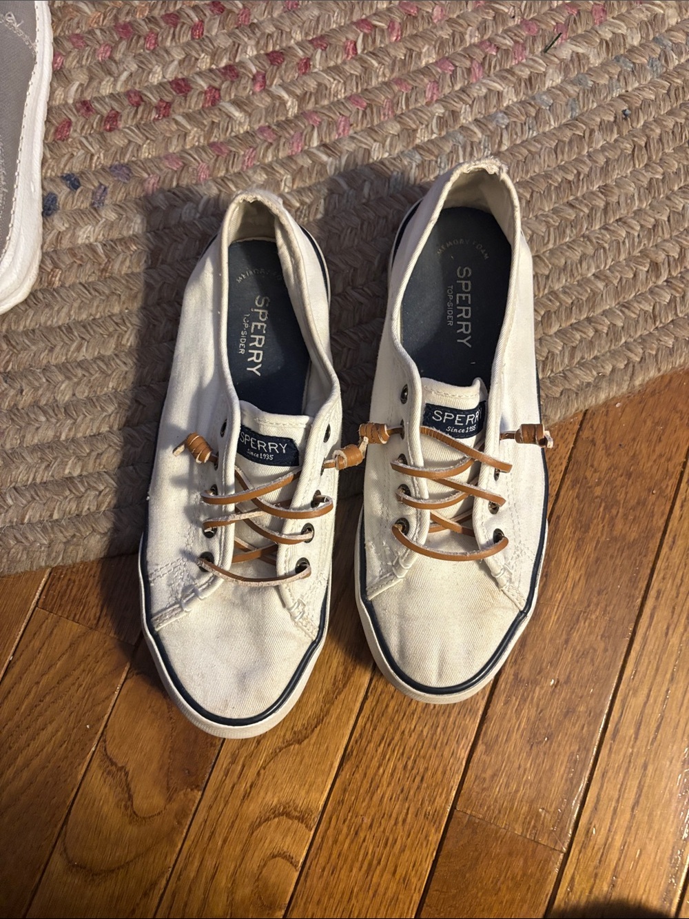 Sperry Cream Canvas Boat Shoes with Brown Laces
